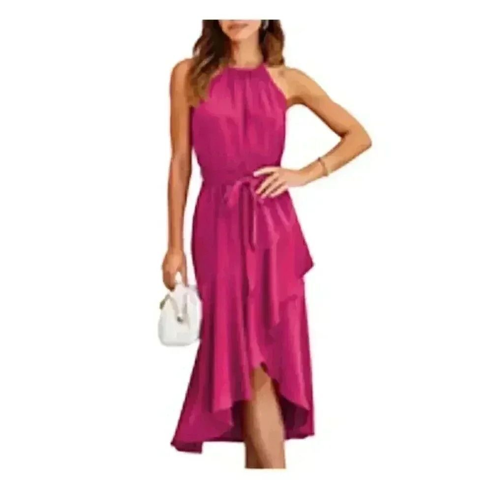 Fashion Women's Hot Pink Poly/Spandex Satin Sleeveless Halter Neck Wrap Ruffle w